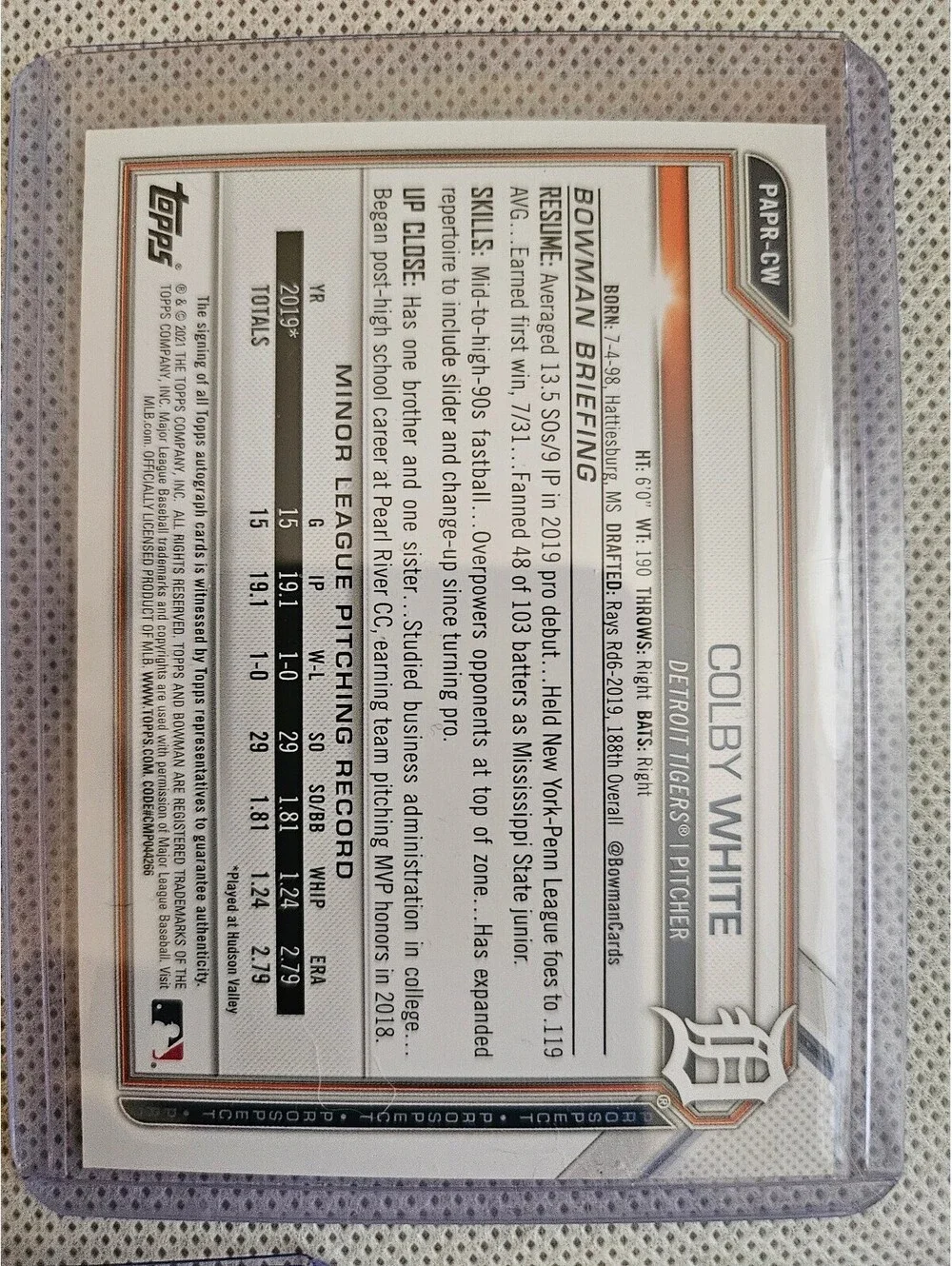 Colby White [Blue] #PAPR-CW 2021 Bowman Paper Prospects Autographs No.70/150
